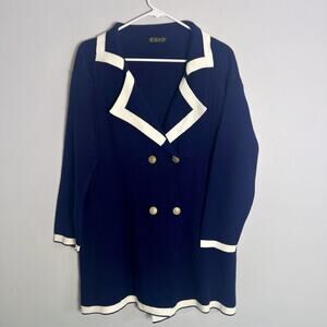 T.C.N Women's Wool Blend Button Up Blazer Sz L Navy Blue Preppy Academia Classy